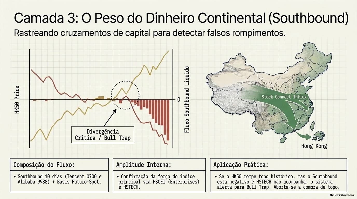 Camada 3: fluxo Southbound líquido cruzado com o preço do HK50 e mapa de Stock Connect entre China continental e Hong Kong