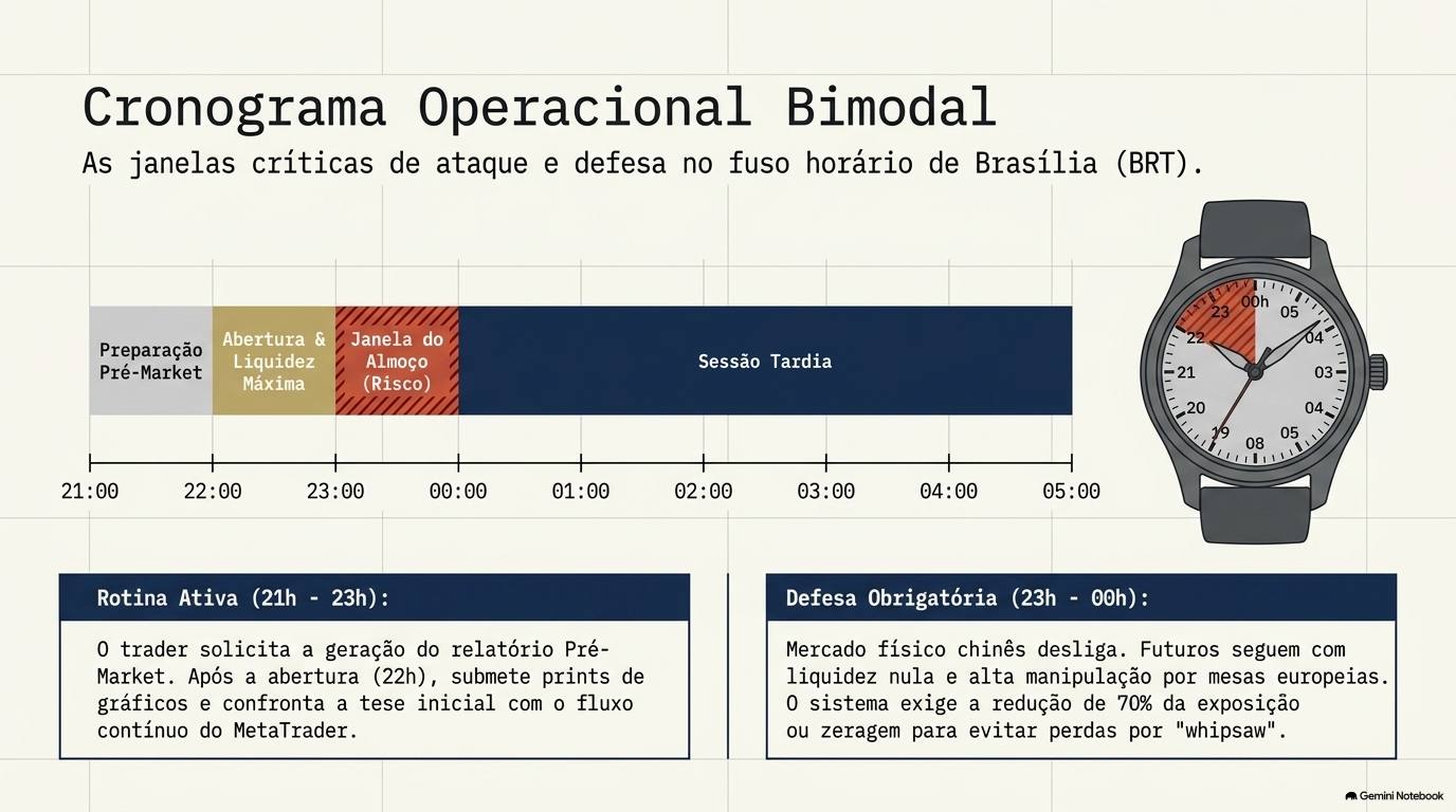 Cronograma operacional bimodal mostrando as janelas de preparação pré-market, abertura, almoço (risco) e sessão tardia, das 21h às 5h BRT