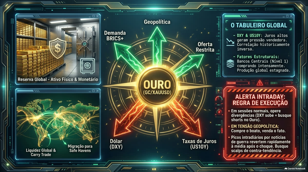 O tabuleiro macro do ouro: geopolítica, oferta, demanda, dólar e juros