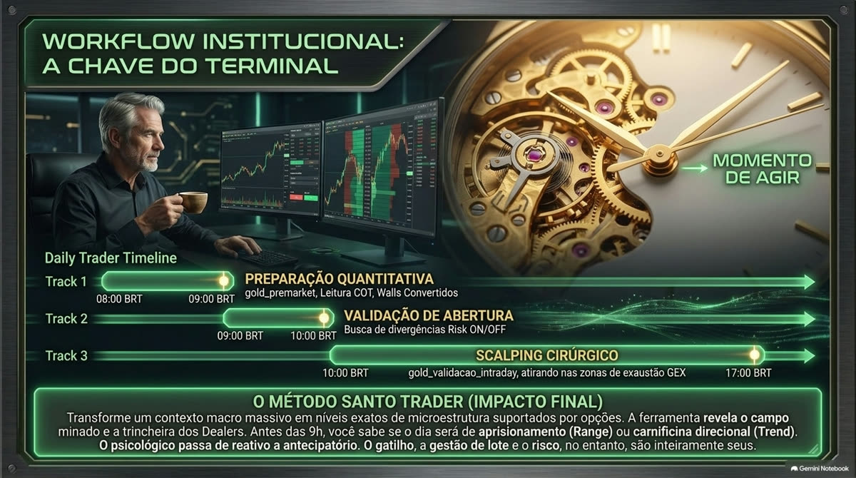 Workflow institucional: preparação, validação de abertura e scalping cirúrgico