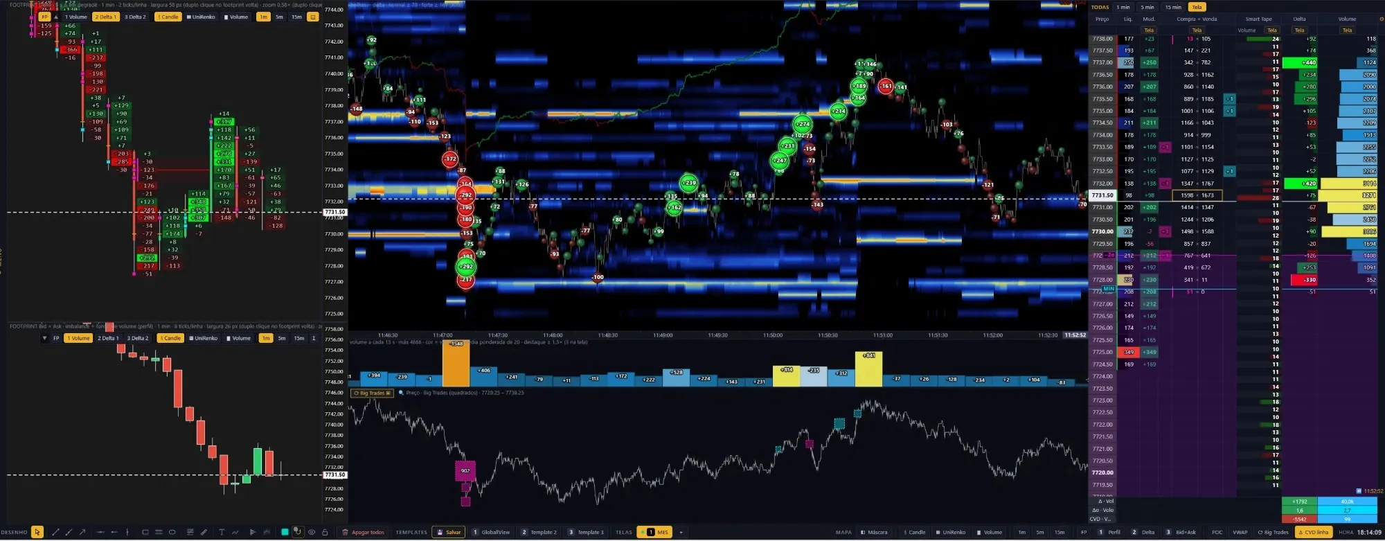 Liquid Map: heatmap do livro, footprint, candles, CVD, big trades e Super DOM na mesma tela